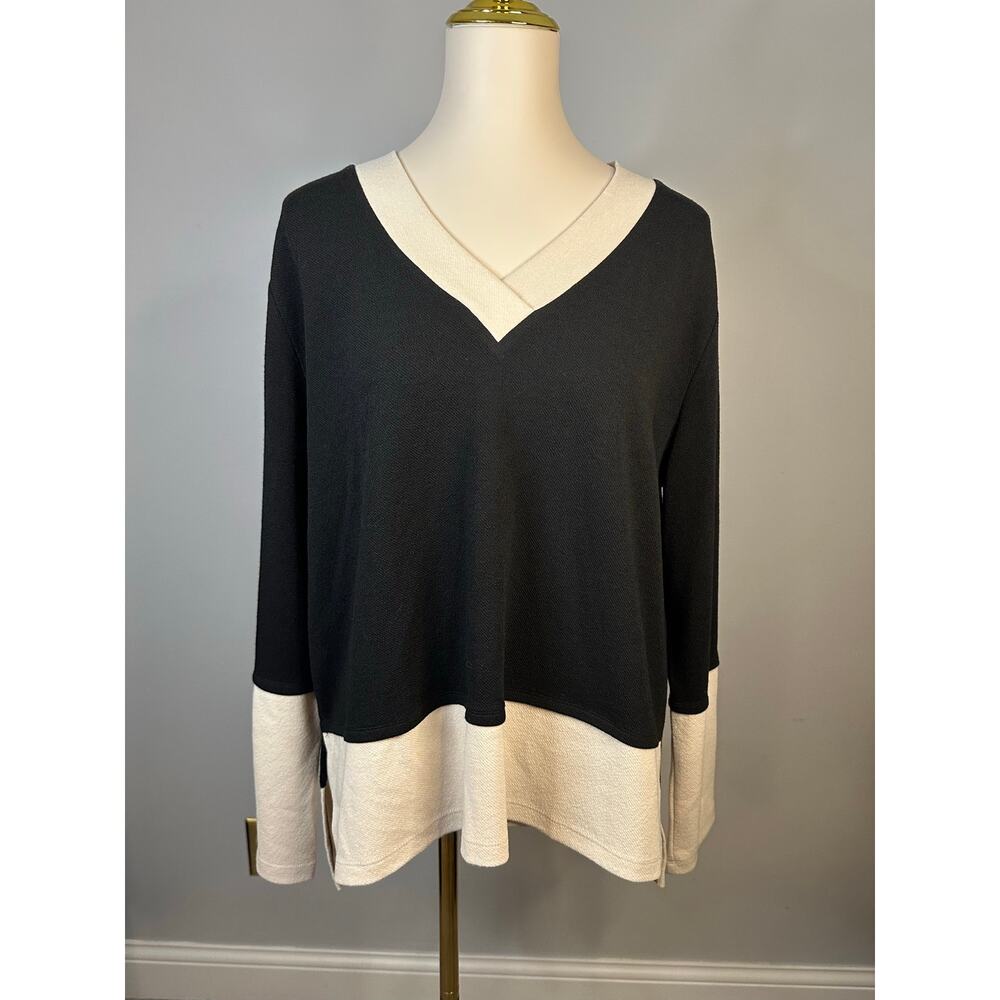 EUC Clara Sun Woo Pullover V-Neck Long Sleeve Top Black Cream Sz XL